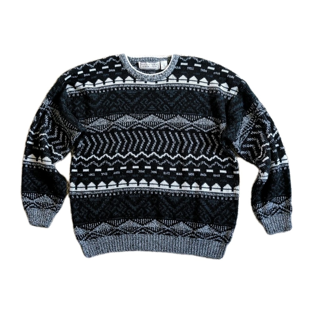 Vintage Michael Gerald Sweater‎ Adult XL Black Geometric Knit Acrylic Retro